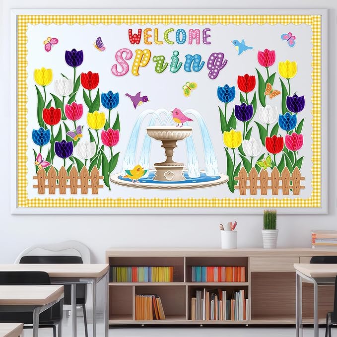 Pajean Welcome Spring Bulletin Board Set 3D Honeycombs Tulip Flower Classroom Decorations Floral Bird Butterfly Cutouts for Wall Door Decor Spring Easter Classroom Birthday Party Supplies