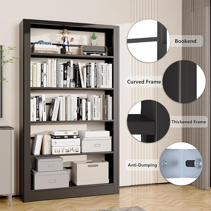 Metal Bookshelf,69" Tall Wide Industrial Bookshelf,5-Tier Sturdy Bookcase with Adjustable Shelves,Heavy Duty Strong open bookshelf,Black Bookcase with 6 Shelves for Office, Living Room, Library