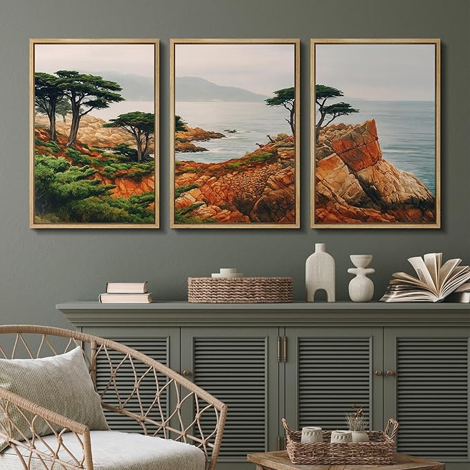 SIGNFORD Framed Wall Art Print Set Coastal Cypress and Rocky Shoreline Scenic Landscape Digital Art Modern Art Contemporary for Living Room, Bedroom, Office - 16"x24"x3 Natural