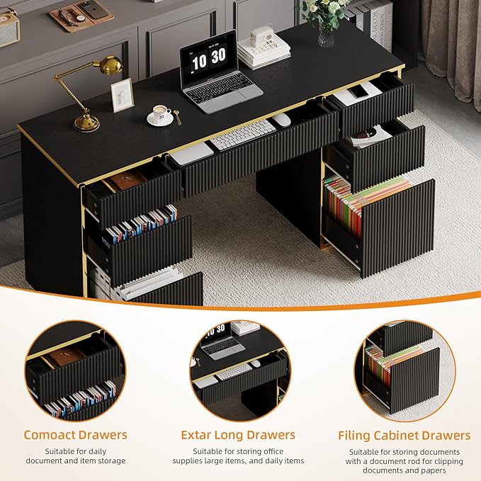 Black Computer Desk with Drawers, 58 Inch Home Office Desk with File Drawers for Bedroom, Executive Desk with Storage for Study, Black and Gold
