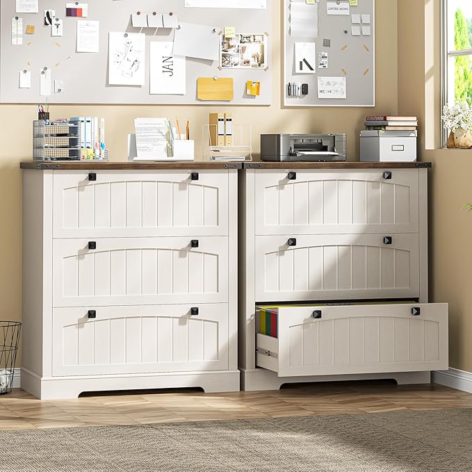 Lateral File Cabinet with 3 Drawers, Farmhouse File Cabinet for Letter/a4/Legal Size Hanging Files, Large Wood File Storage Cabinets Printer Stand for Home Office Cabinets, Rustic White and Brown