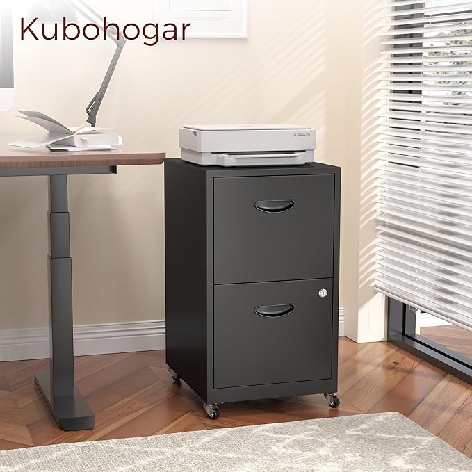 2 Drawer Mobile File Cabinet with Lock, Black Metal Filing Cabinets with Wheels, Vertical Rolling File Cabinet Fit Hanging Files, Letter and A4 Documents