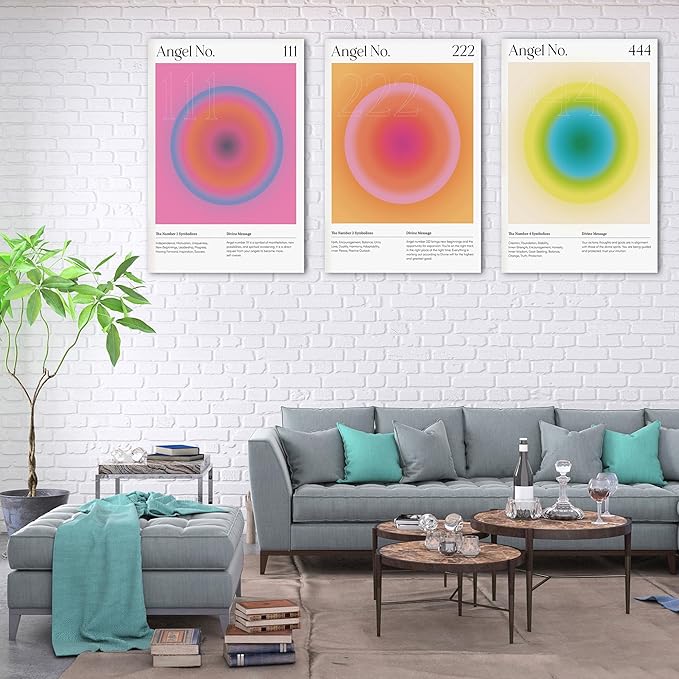Colorful Gradient Aura Angel Numbers Poster Canvas Print Artwork Room Decor for Bedroom Aesthetic, 3 Piece Framed Inspirational Minimalist Art Paintings Decor for Bedroom Office 24"x36" x 3 Pcs