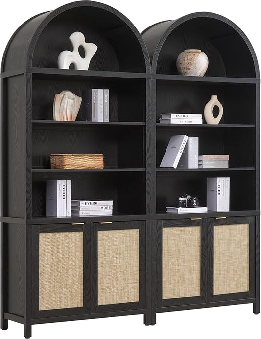 SICOTAS Book Shelf Arched Cabinet Bookshelf Arch 84.2" Tall Bookcase 5 Tier Large Bookshelves with Doors Storage Rattan Boho Wide Book Shelves Case for Living Room Kitchen Office Bedroom Library