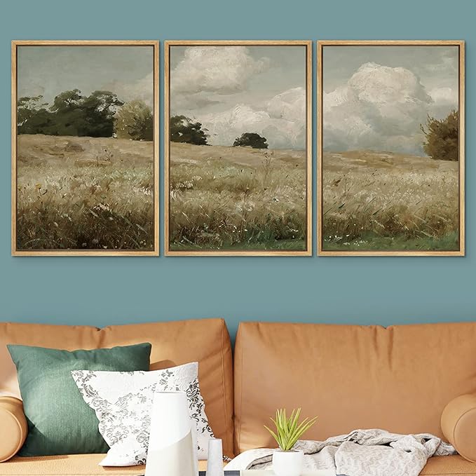 SIGNWIN Framed Canvas Print Wall Art Woodland Nursery Decor Set Watercolor Country Field Landscape Pasture Nature Abstract Fine Art Nordic for Living Room, Bedroom, Office - 16"x24"x3 Natural