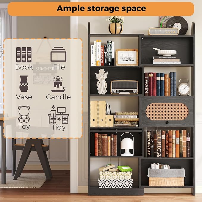 IRONCK Bookshelf and Bookcase with 2 Rattan Design Flip-top Storage Cabinets, 6 Tier 8 Cube Bookcases Storage Shelves Organizer for Living Room, 43.3" Black
