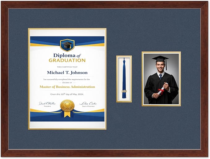 Diploma Tassel and Photo Frame Rustic Walnut Shadowbox Navy Blue Over Gold Mat - Fits 10 x 13 Degree Picture Made in the USA
