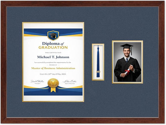 Diploma Tassel and Photo Frame Rustic Walnut Shadowbox Navy Blue Over Gold Mat - Fits 10 x 13 Degree Picture Made in the USA