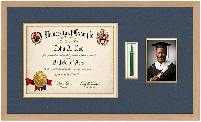 CountryArtHouse Diploma Tassel and Photo Shadowbox Fits 15 x 12 Military/Government with Tassel Hook a Natural Wood Genuine Hardwood with Navy Blue Over Metallic Gold Double mat