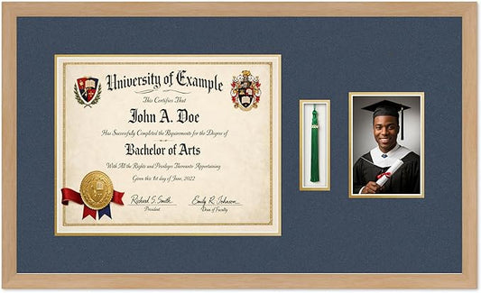 CountryArtHouse Diploma Tassel and Photo Shadowbox Fits 15 x 12 Military/Government with Tassel Hook a Natural Wood Genuine Hardwood with Navy Blue Over Metallic Gold Double mat