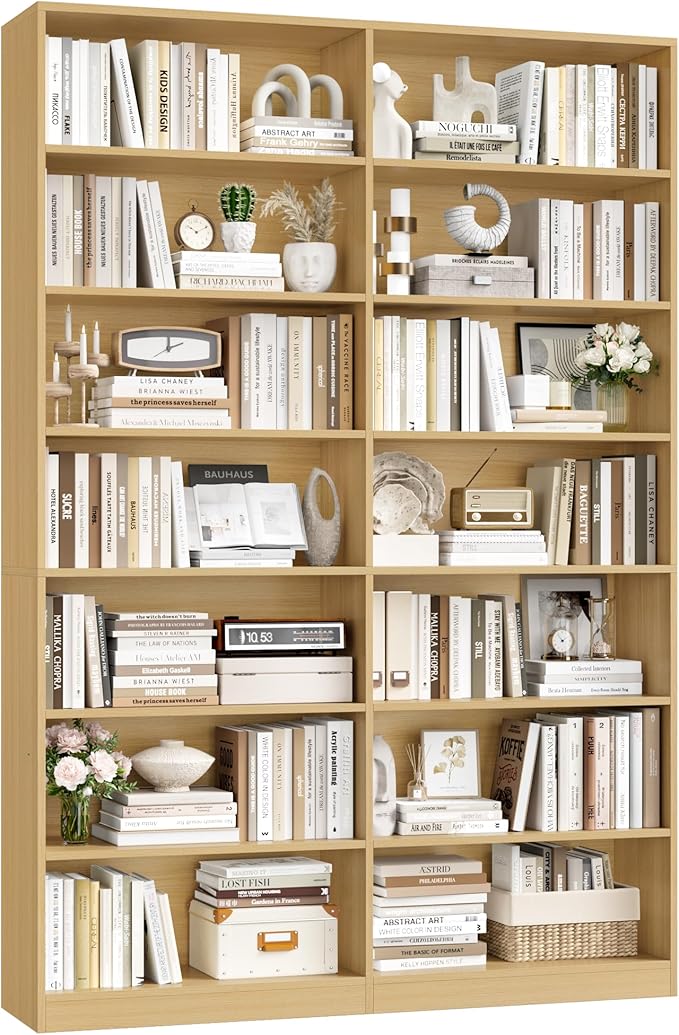 FACBOTALL 83.6" Tall Bookshelf and Bookcase, 7-Tier Extra Large Bookshelf with Double Storage, 14 Open Display Shelves for Home Office, Study and Living Room, Natural