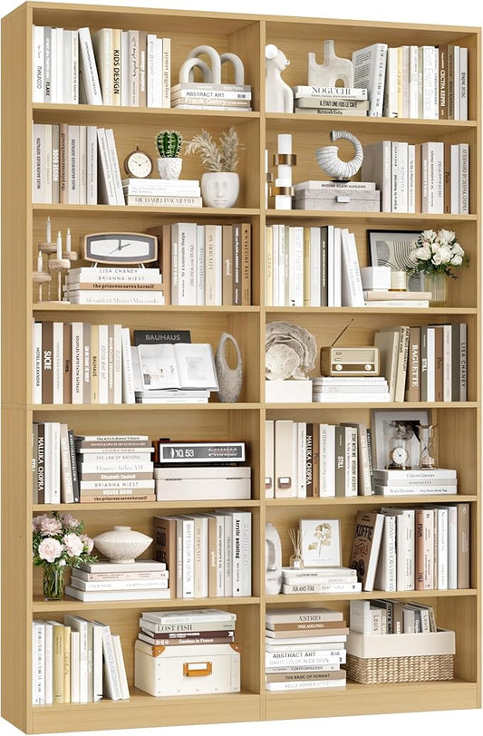 FACBOTALL 83.6" Tall Bookshelf and Bookcase, 7-Tier Extra Large Bookshelf with Double Storage, 14 Open Display Shelves for Home Office, Study and Living Room, Natural