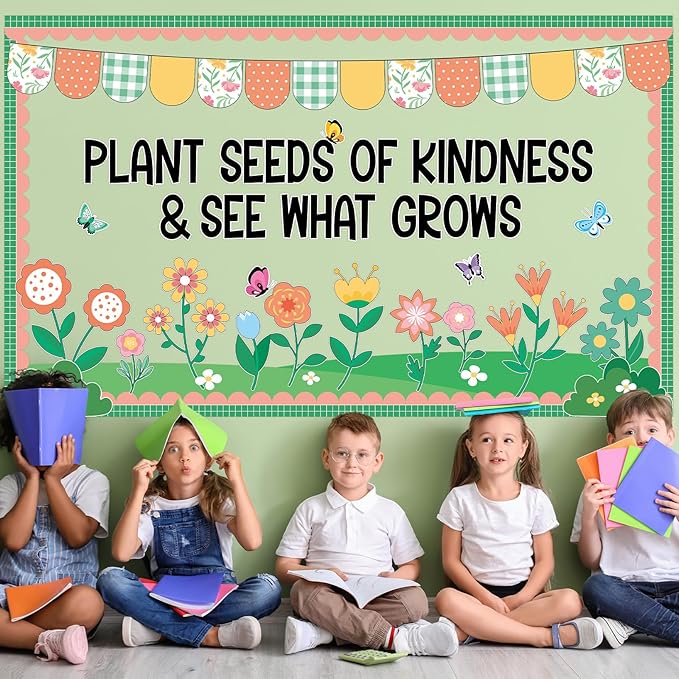 Spring Kindness Bulletin Board Set Plant Kindness Classroom Decoration Colorful Flowers Butterflies Paper Cutouts for Back to School Home Nursery Chalkboard Wall Decor Springs Party Supplies
