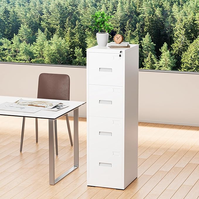 Greenvelly Metal 4 Drawer File Cabinet, Vertical File Cabinet with Lock, Locking Filing Cabinets for Home Office, Letter/Legal/A4/F4 Size/Anti-Tip (White)