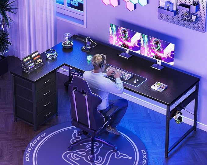 AODK L Shaped Gaming Desk with 4 Drawers, 67" Reversible Home Office Desks with Power Outlets, L Shaped Computer Desk with USB Charging Port and Host Stand, Corner Desk, Easy to Assemble, Black