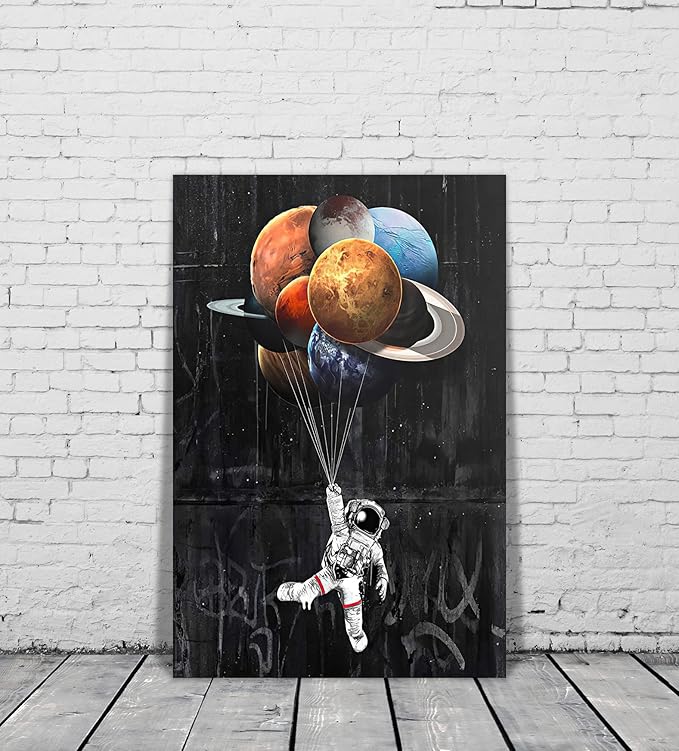 Yatsen Bridge Universe Theme Wall Art, Space Astronaut Holding Planetary Balloon Canvas Picture Art Print, Modern Home Wall Decor Stretched and Framed Ready to Hang - 24x36 inches