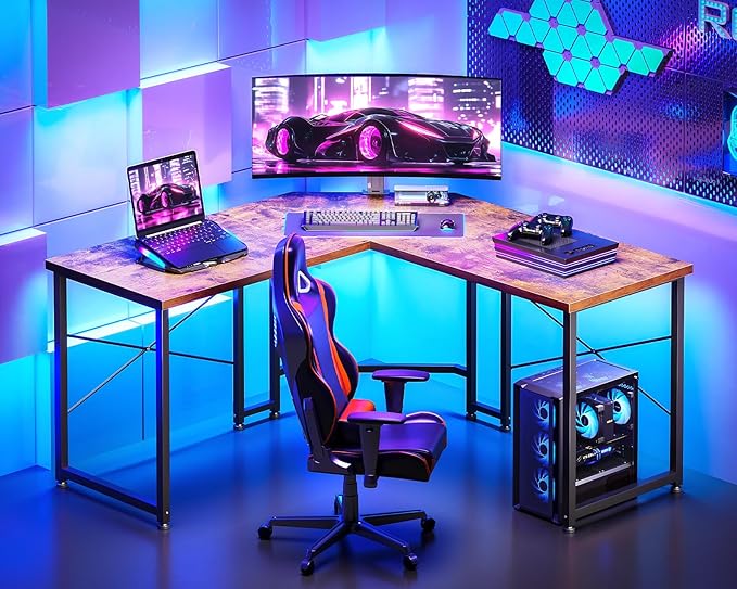 Casaottima 51 Inch L Shaped Gaming Desk, Corner Table Sturdy Workstation for Home Office, Writing, Gaming, Computer Desk for Small Space, Easy Assembly, Rustic Brown