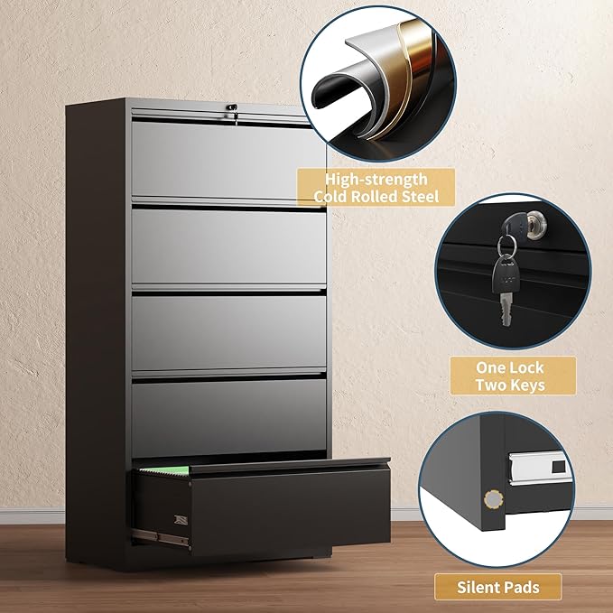 5 Drawer File Cabinet with Lock, Lateral Filing Cabinets,Metal Storage Filing Cabinets for Home Office, Heavy Duty File Cabinet for Letter/Legal/A4/F4 Size Amsseble Required, Black