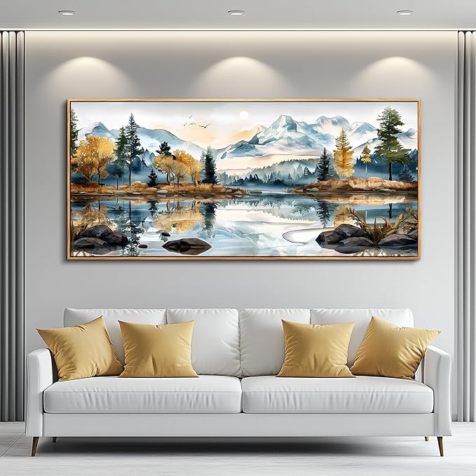 ERQINHUA Large Abstract Wall Art Living Room Wall Decor for Bedroom Office Decoration Watercolour Paint Tree Lakeside Landscapes Picture Canvas Artwork Home Decor Ready to Hang 32x72 In Wood Framed