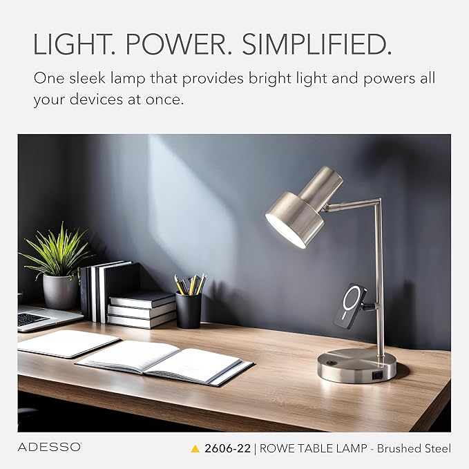 Adesso Supercharger Lamp with USB-A, USB-C, AC Outlet & Wireless Charging Pad – Brushed Steel Desk Lamp with Adjustable Shade and Power Station Base for Home, Office, or Dorm