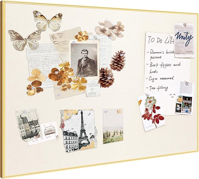 Bulletin Board 40 x 30 inches, Oatmeal White Pin Board, Golden Aluminum Framed Fabric Cork Board with 10 Push Pins