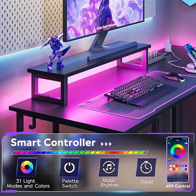 DEVAISE 55 Inch L Shaped Gaming Desk with LED Lights & Power Outlets, Corner Desk for Small Spaces, Sturdy PC Computer Table with Storage for Home Office, Black