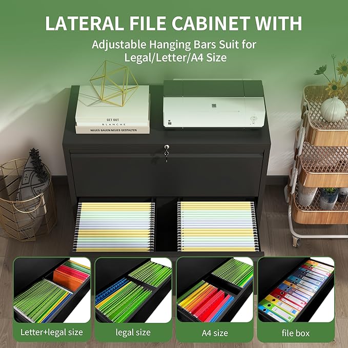 2 Drawer File Cabinet,Metal Lateral Filing Cabinet with Lock,Home Office Storage Organizer Cabinet for Legal/Letter/A4/F4 Size Files,35.5" W,Black