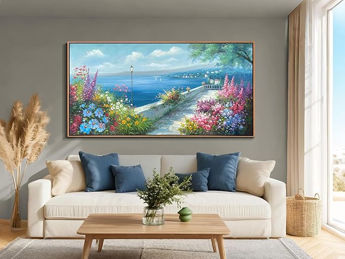 Arjun Blue Coastal Canvas Framed Wall Art for Living Room Ocean Landscape Painting Bedroom, Hand Painted Seascape Garden Flower Picture Artwork Large Home Office Wall Decor, 48"x24"