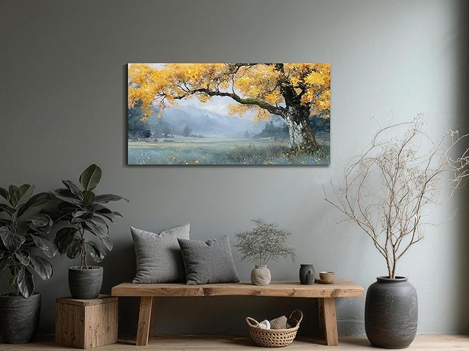 Arjun Tree Canvas Wall Art Landscape Painting for Living Room Bedroom, Mountain View Wall Decor Nature Scenery Artwork Rustic Textured Large Framed Picture Dining Room Hallway Fireplace 40"x20"
