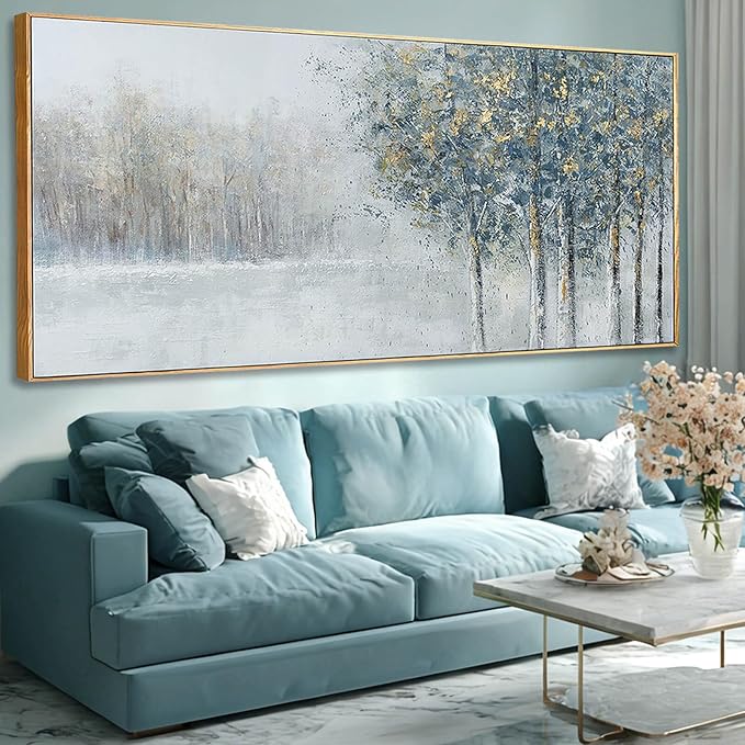 ZENPEE Blue Abstract Wall Art and Grey Tree Textured Forest Scene, 32x71 Oversized Canvas Wall Decor for Living Room Bedroom Entryway