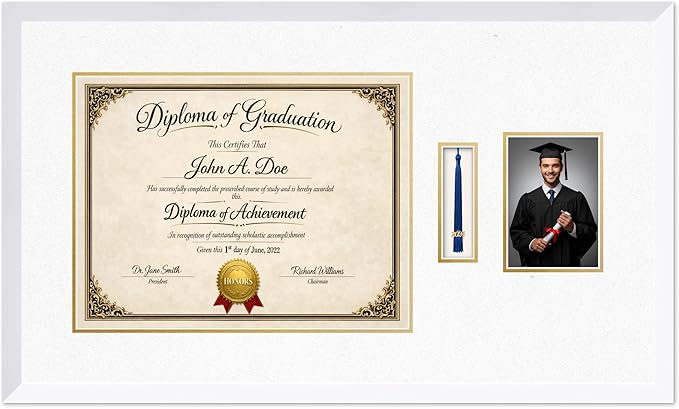 Diploma Tassel and Photo Frame Bright White Shadowbox Oyster Shell Over Gold Mat - Fits 17 x 13 Degree Picture Made in the USA