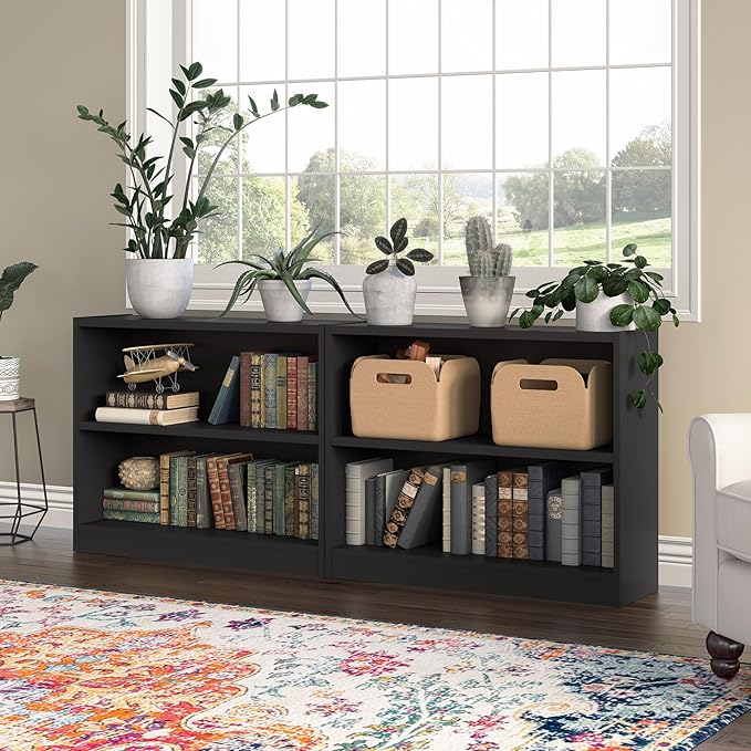Bush Home Universal Small 2 Shelf Bookcase in Black, Low Storage and Display Bookshelf for Home Office or Living Room Organization