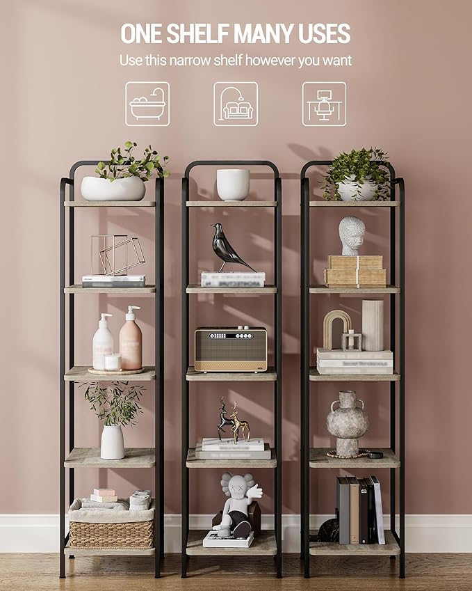 Bookcase Bookshelf, Narrow Book Shelf, Industrial Corner Shelf Storage Organizer, Slim Shelving Unit for Home Office, Living Room, Bedroom, Kitchen, 5-Tier Greige and Black BC24505B