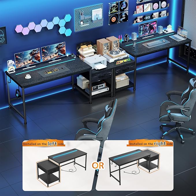 Gaming Desk 48.1 Inch with LED Lights and Power Outlets,Reversible Computer Desk with Drawers and Shelf,Gaming Table with Hooks for Headphone,Bags,Small Desk for Bedroom,Dorm,Black
