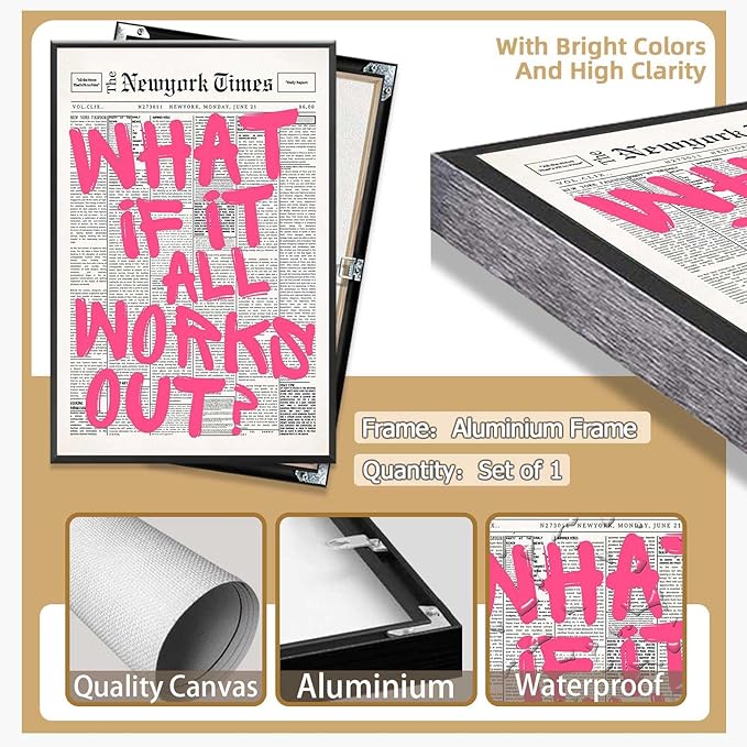 Drimiler Retro Newspaper Pink Font Poster What If It All Works Out Canvas Wall Art Positive Affirming Quote Minimalist Prints Painting For Home Bedroom Dorm Wall Decor 8x12in Framed
