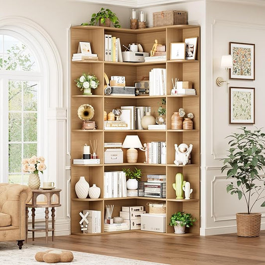 FOTOSOK 74” Tall Corner Bookshelf, 6-Tier Bookshelf and Bookcase with Open Storage, Tall Bookcases Wooden Storage Shelves for Home Office, Thickened Boards for Better Load Bearing, Natural