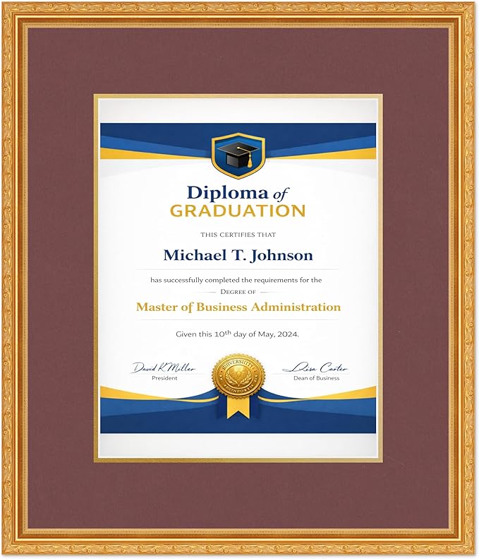 Diploma Frame Museum Gold with Dark Red Over Gold Double Mat - Fits 11 x 14 College Diploma (Portrait) Wall Display Made in the USA
