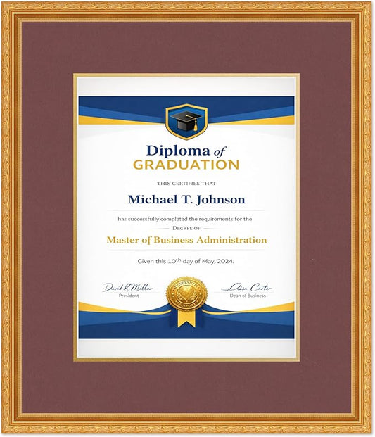 Diploma Frame Museum Gold with Dark Red Over Gold Double Mat - Fits 11 x 14 College Diploma (Portrait) Wall Display Made in the USA