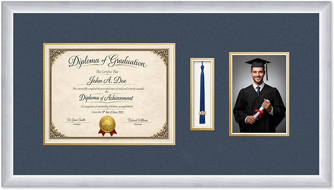 Diploma Tassel and Photo Frame Stainless Silver Shadowbox Navy Blue Over Gold Mat - Fits 11 x 8.5 Degree Picture Made in the USA