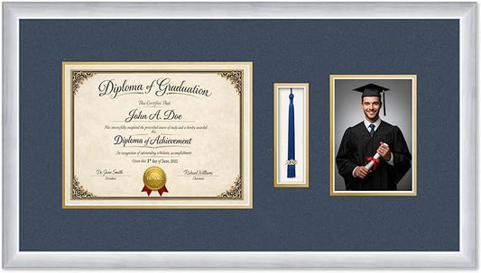 Diploma Tassel and Photo Frame Stainless Silver Shadowbox Navy Blue Over Gold Mat - Fits 11 x 8.5 Degree Picture Made in the USA