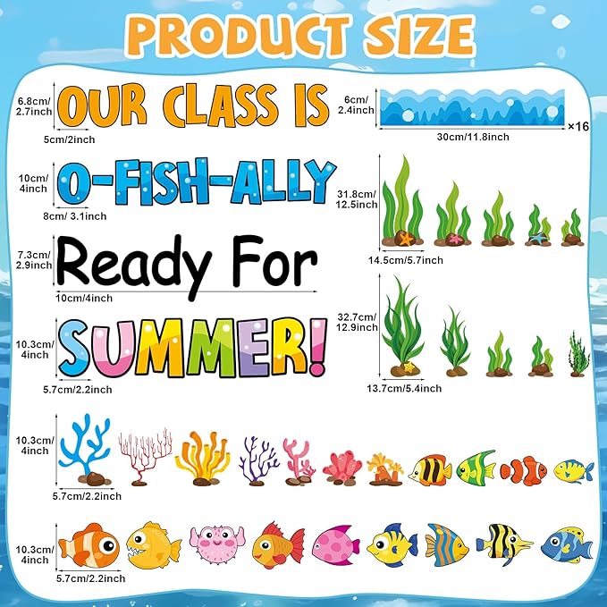 Summer Ocean Sea Bulletin Board Decorations O-Fish-Ally Ready for Summer Theme Classroom Back to School Bulletin Board Border Set Tropical Marine Fish Paper Cutouts for School Home Decor