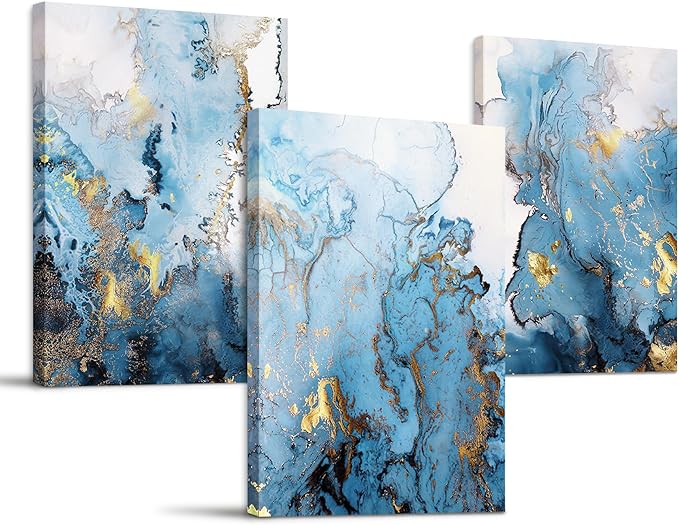 SERIMINO Blue Abstract Canvas Wall Art for Living Room, Navy and Gold Fluid Marble Wall Decor for Bedroom, Bathroom, Office, Home Decor, Set of 3 Print Painting, 20"X28"