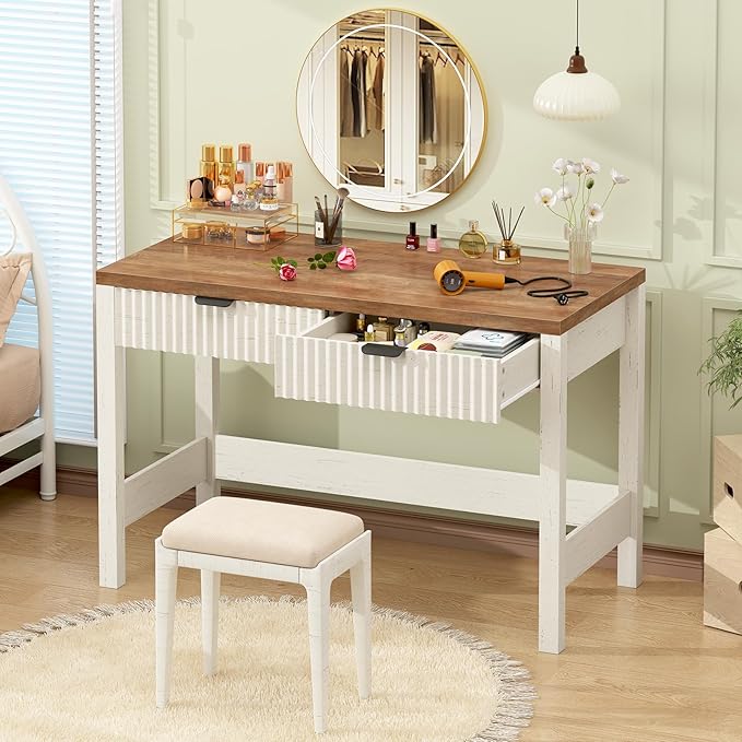 Fluted Computer Desk with 2 Drawers, 39 Inch Small Computer Desk with Storage, Compact Writing Study Vanity Desk for Small Spaces, Antique White