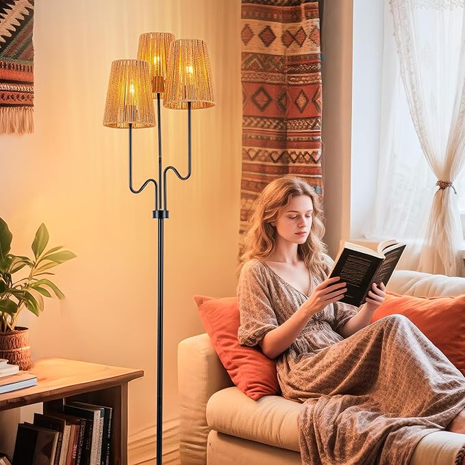 MAYNA Bohemian Floor Lamp, 68 in. Rattan Floor Lamp with Rattan Shade, 3-Light Tree-Shaped Stand Lamp for Bedroom, Nursery, E26 Socket, Living Room(Black)