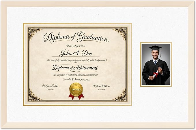 Diploma Frame With Photo Opening Coastal Whitewash Oyster Shell Over Gold Mat - Fits 17 x 13 Degree and Picture Made in the USA
