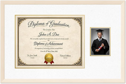 Diploma Frame With Photo Opening Coastal Whitewash Oyster Shell Over Gold Mat - Fits 17 x 13 Degree and Picture Made in the USA