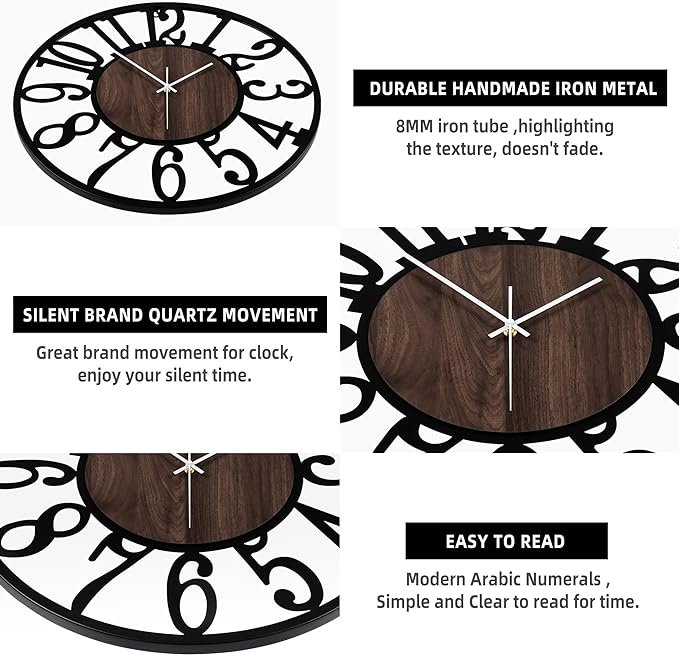 LEIKE Large Wall Clocks for Living Room,Silent,Non Ticking,Battery Operated Oversized Vintage Round Modern Wood Wall Clock for Bedroom,Farmhouse,Office Home Decor-24 Inch(Black-Arabic Number)