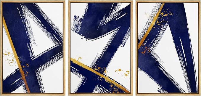 IDEA4WALL Framed Canvas Print Wall Art Set Blue Gold Geometric Graffiti Paint Stripes Abstract Shapes Illustrations Modern Art Contemporary for Living Room, Bedroom, Office - 24"x36"x3 Natural