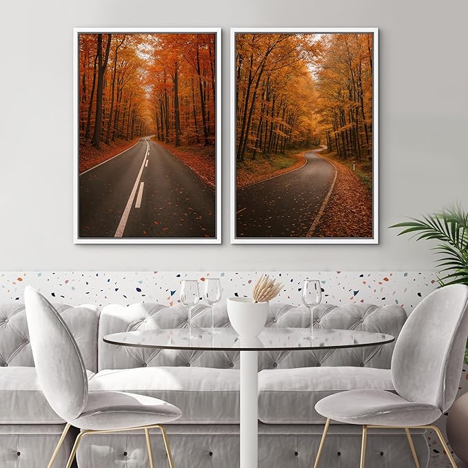 SIGNWIN Framed Canvas Print Wall Art Set Autumn Forest Road Nature Landscape Illustrations Modern Art Minimal Boho Relax/Calm for Living Room, Bedroom, Office - 24"x36"x2 White