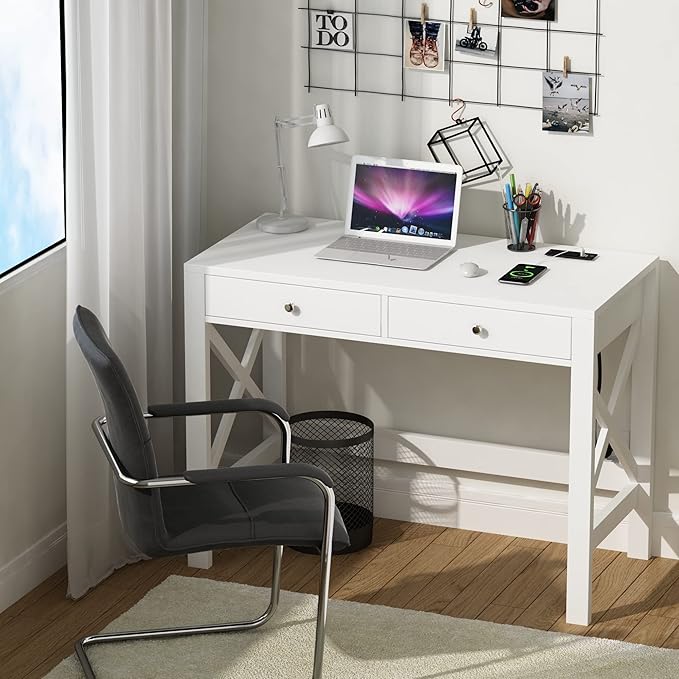 ChooChoo Computer Desk with USB Charging Ports and Power Outlets, Modern Simple 40 Inches Desk with Drawers, Makeup Vanity Console Table, White